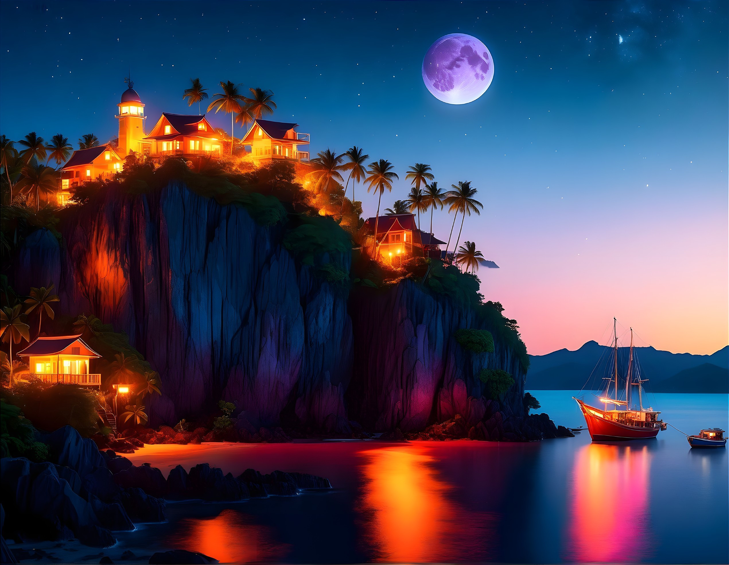 Tropical night scene with cliff-top villa, palm trees, full moon, stars, sailboat,