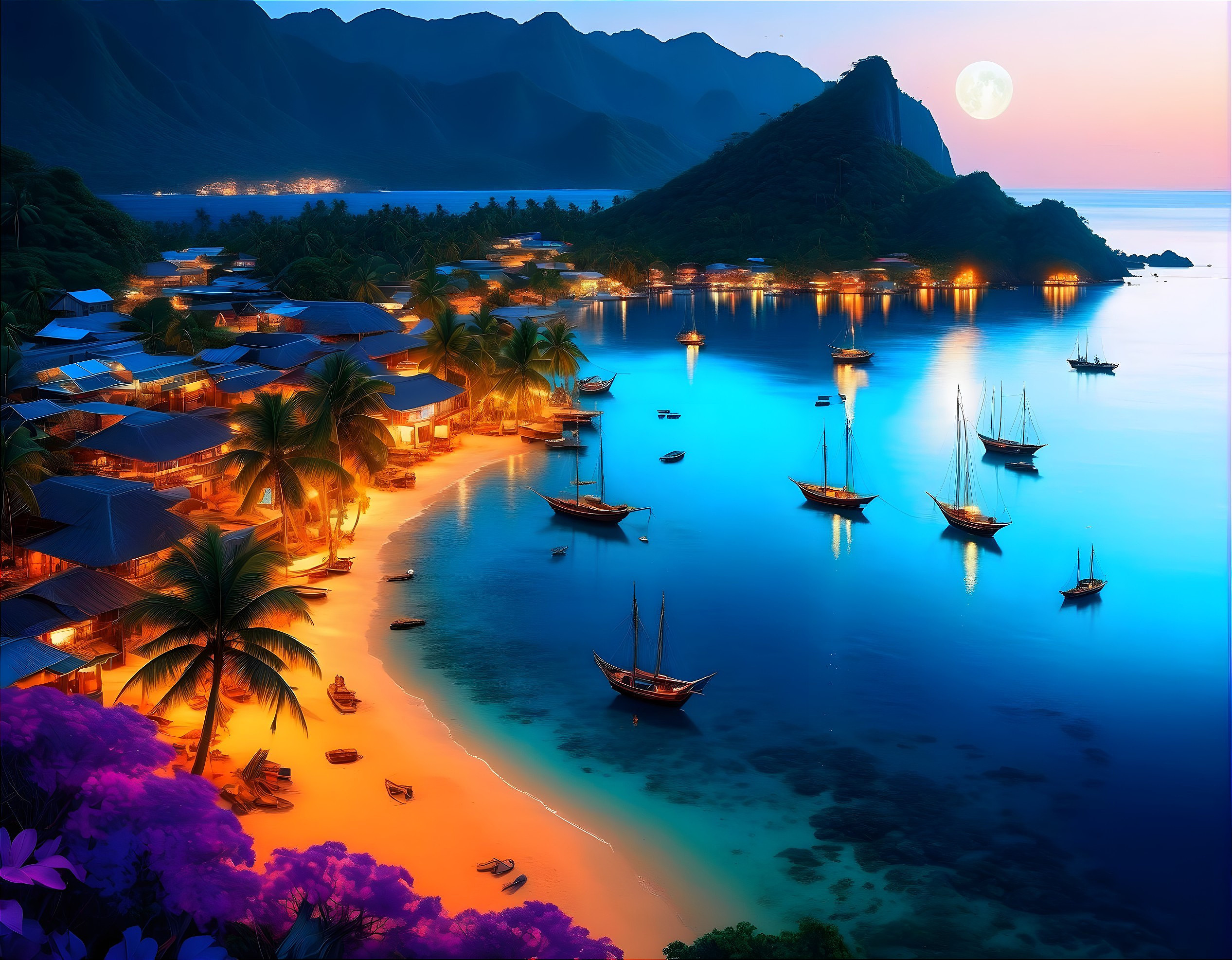 Twilight scene of tropical seaside village with illuminated huts, boats, lush hills, and full moon
