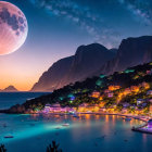 Coastal village night scene with moon, illuminated homes, boats, and mountains