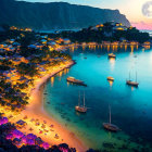 Twilight scene of tropical seaside village with illuminated huts, boats, lush hills, and full moon