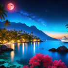 Tropical Beach Night Scene with Red Moon and Palm Trees