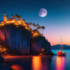 Tropical night scene with cliff-top villa, palm trees, full moon, stars, sailboat,