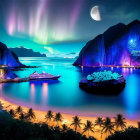 Luxury yachts in picturesque harbor under Aurora Borealis.