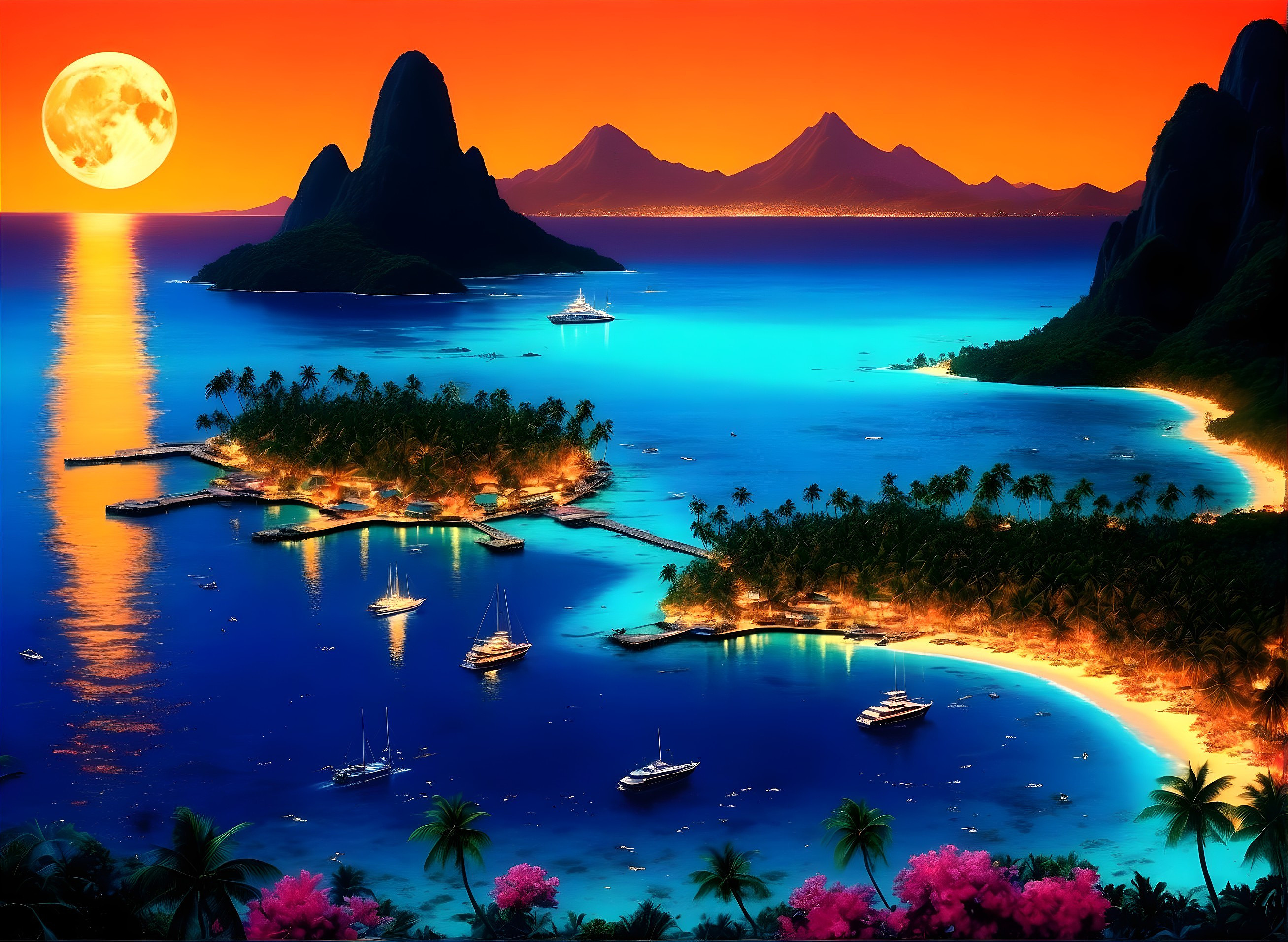 Tropical Night Bay with Yachts, Moonlit Sky, Palm Trees, and Mountains