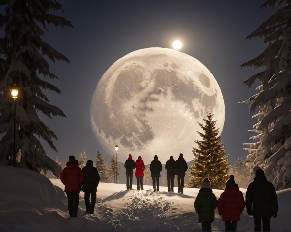 Silhouetted figures in a snowy landscape under moonlight