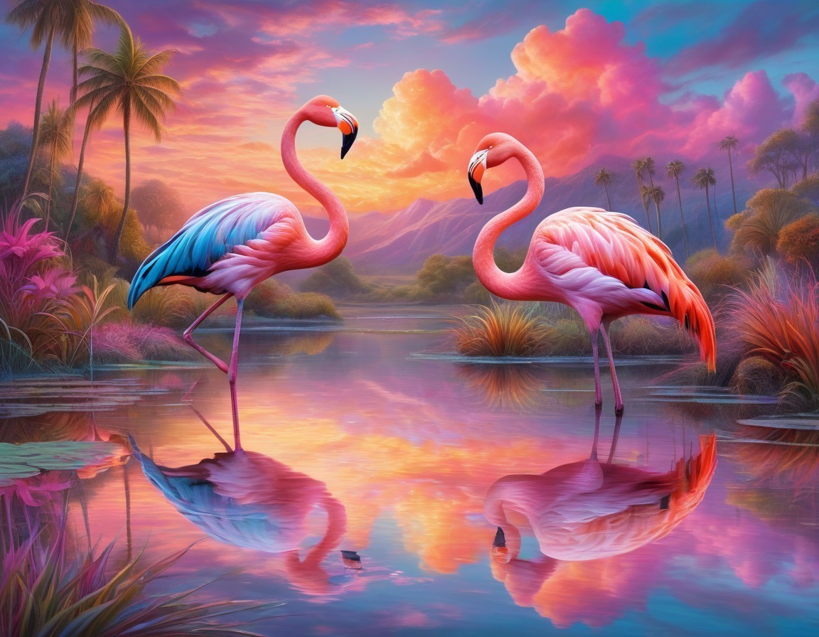 Flamingos by a Serene Water Body with Tropical Vegetation