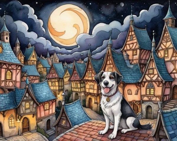 Cheerful Dog on Rooftop Overlooking Moonlit Village