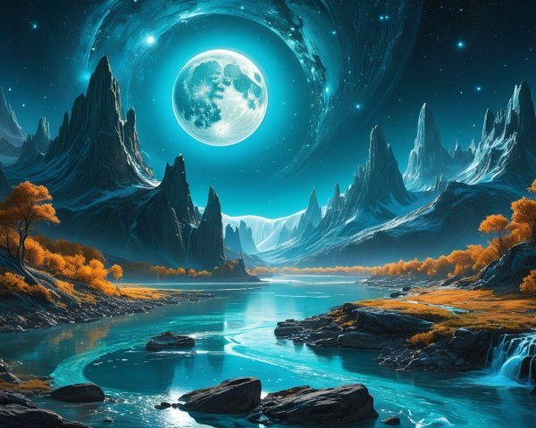 Fantasy Landscape with Mountains and Moonlit River