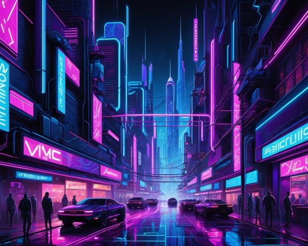 Futuristic cityscape with neon colors and skyscrapers