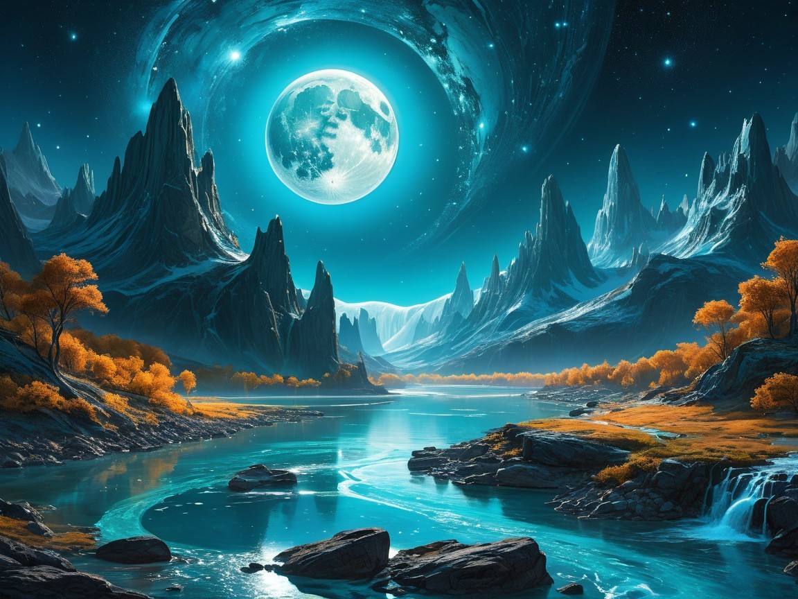 Fantasy Landscape with Mountains and Moonlit River