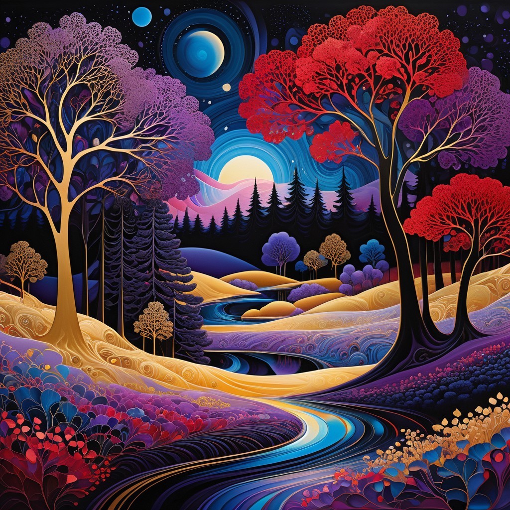 Vibrant landscape with colorful trees and starry sky