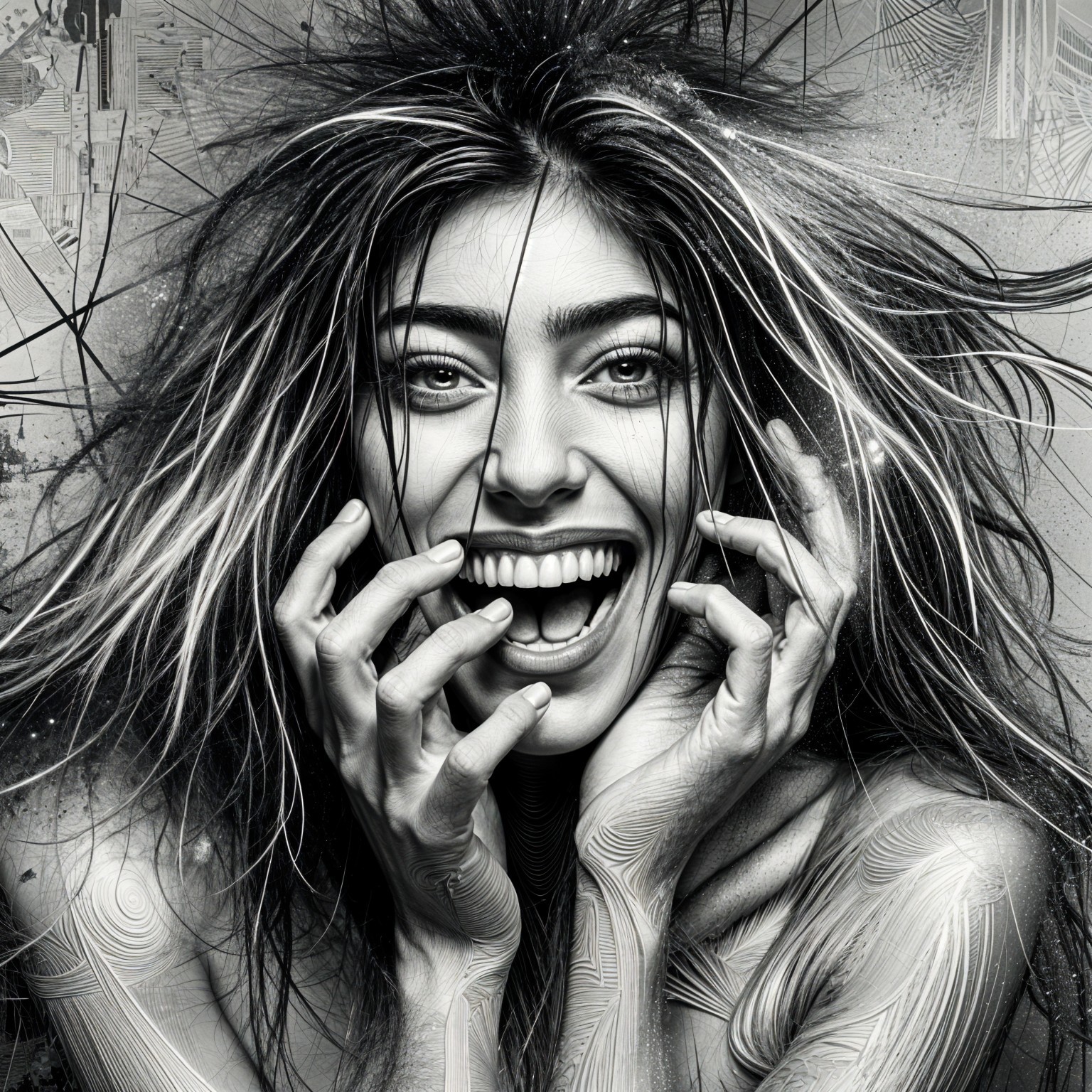 Black-and-white portrait of a joyful young woman