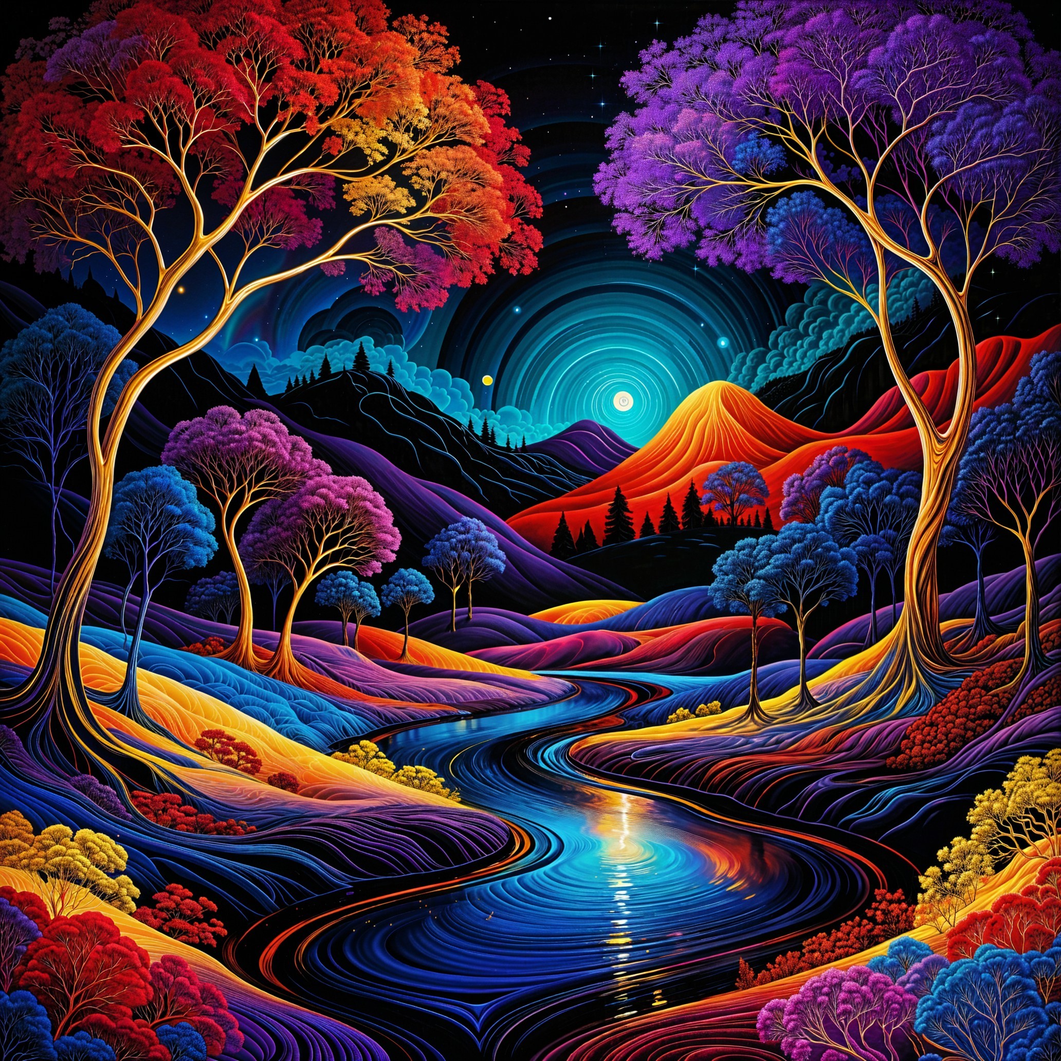 Psychedelic Night Landscape with Colorful River and Hills