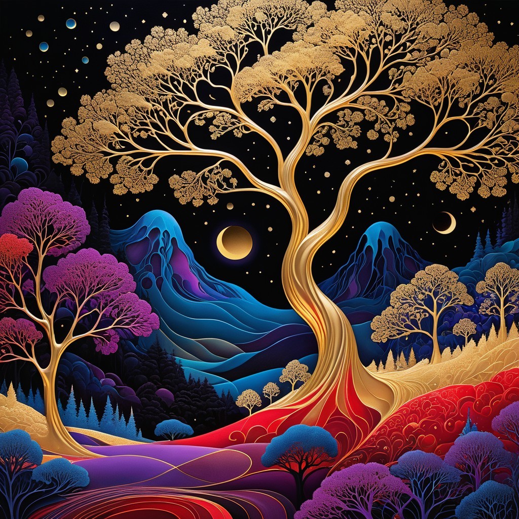 Vibrant Dreamlike Landscape with Golden Tree and Night Sky