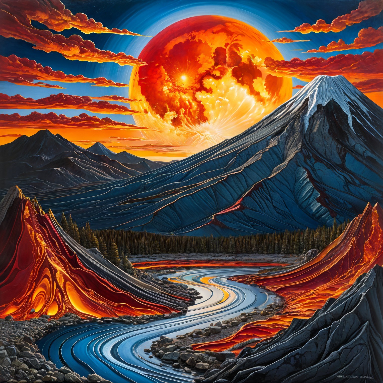 Dramatic Sunset Landscape with Lava and Mountain Peaks