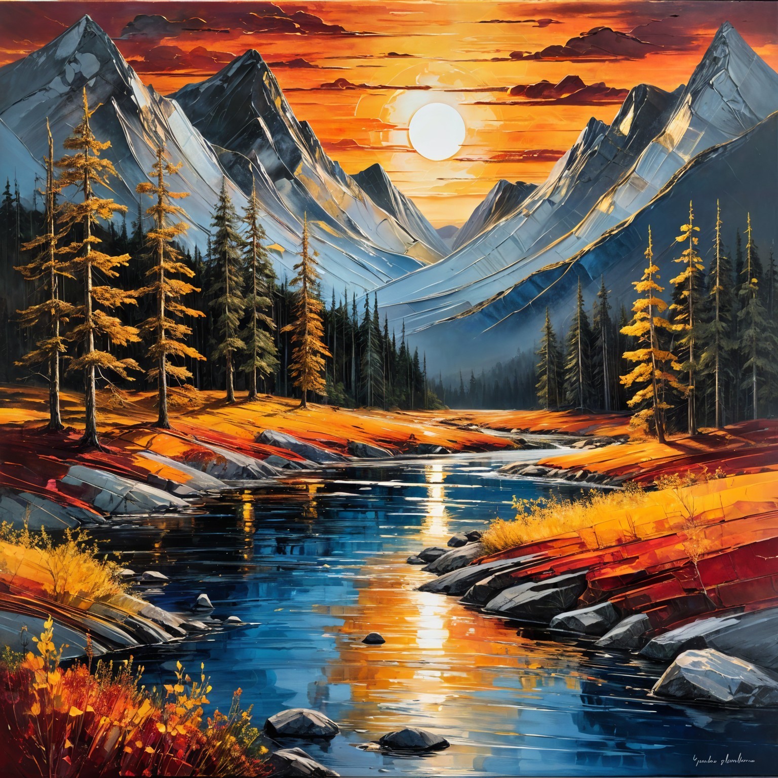 Vibrant Mountain Landscape with Sunset and River