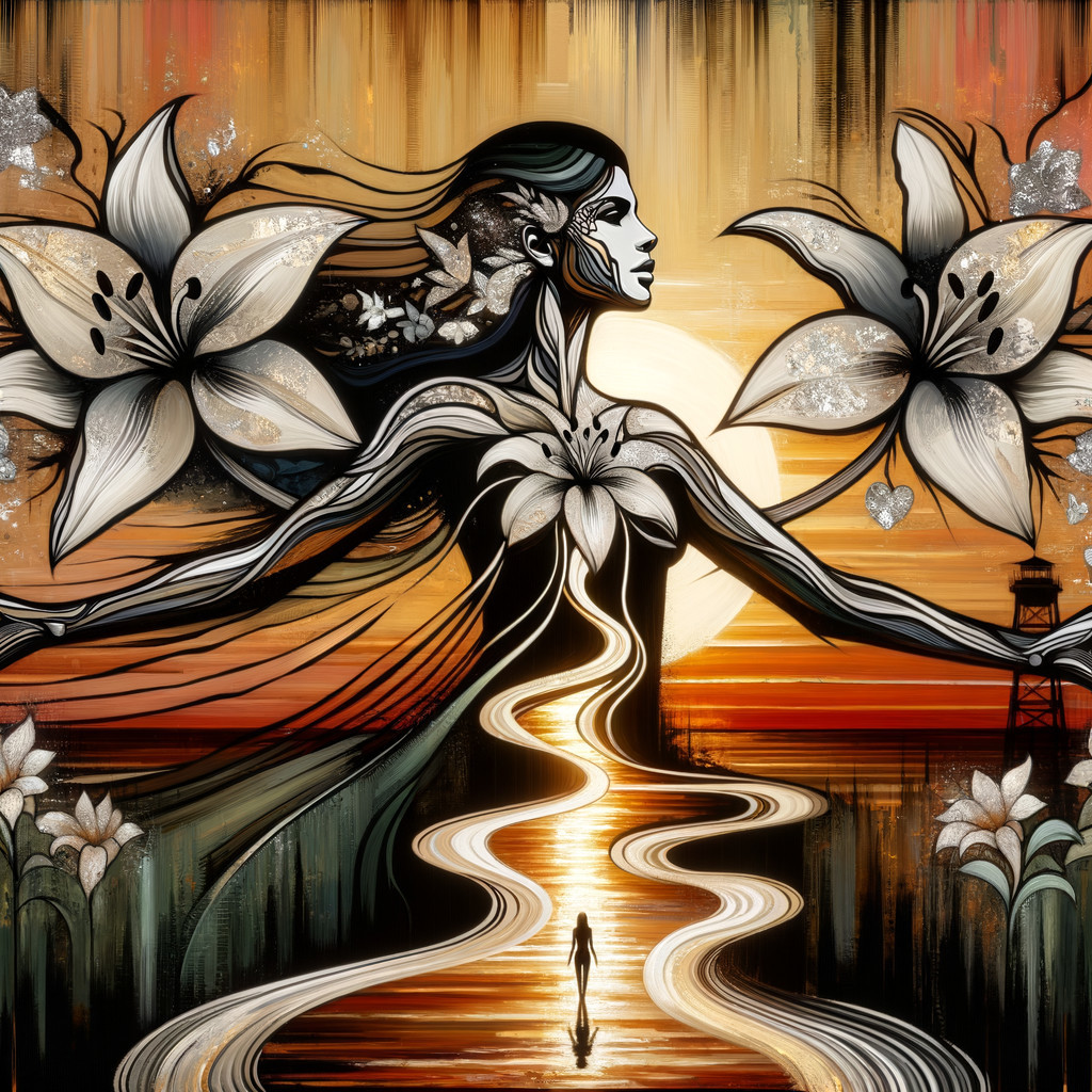Silhouette of Woman Amid Vibrant Lilies and Sunset