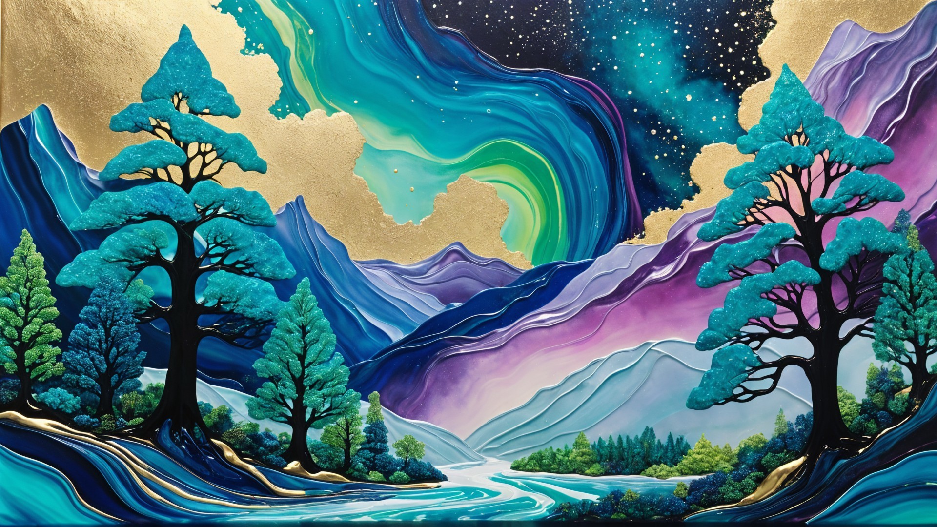 Vibrant Landscape with Swirling Hues and Starry Sky