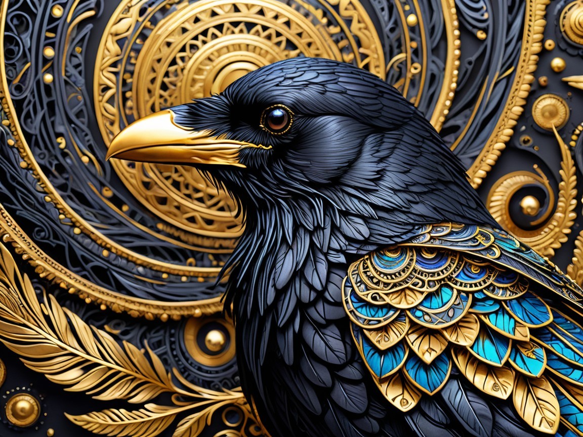 Stylized Black Raven with Golden Accents and Rich Background