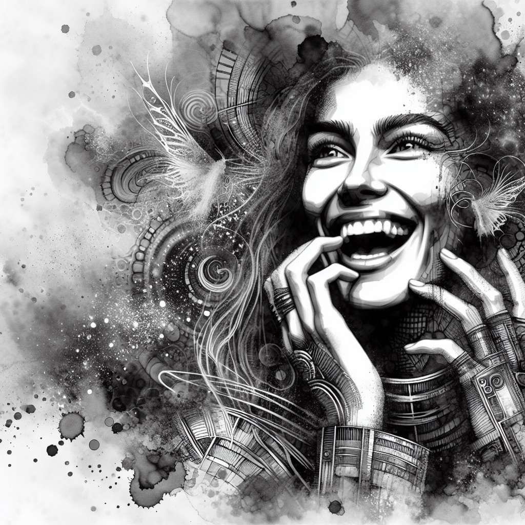 Black and white illustration of a joyful woman