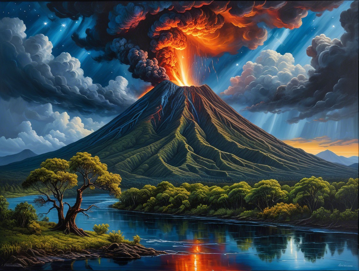 Dramatic Volcanic Eruption with Lush Landscape and Sky