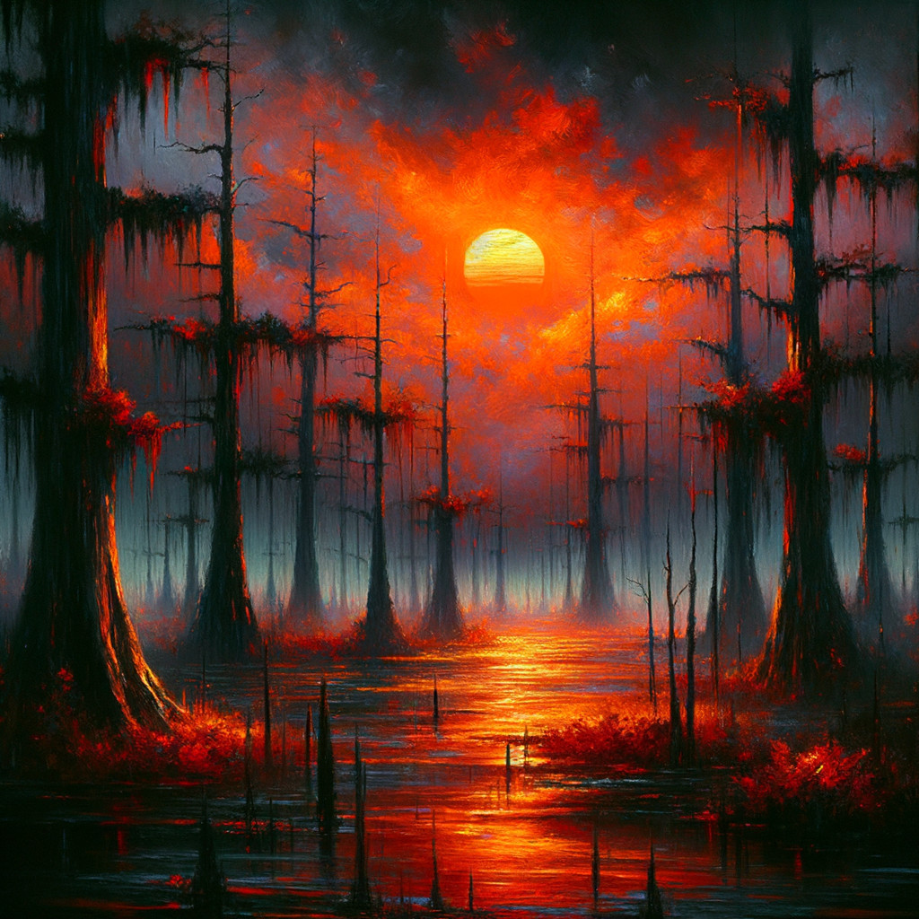Surreal Landscape with Cypress Trees and Sunset Reflections