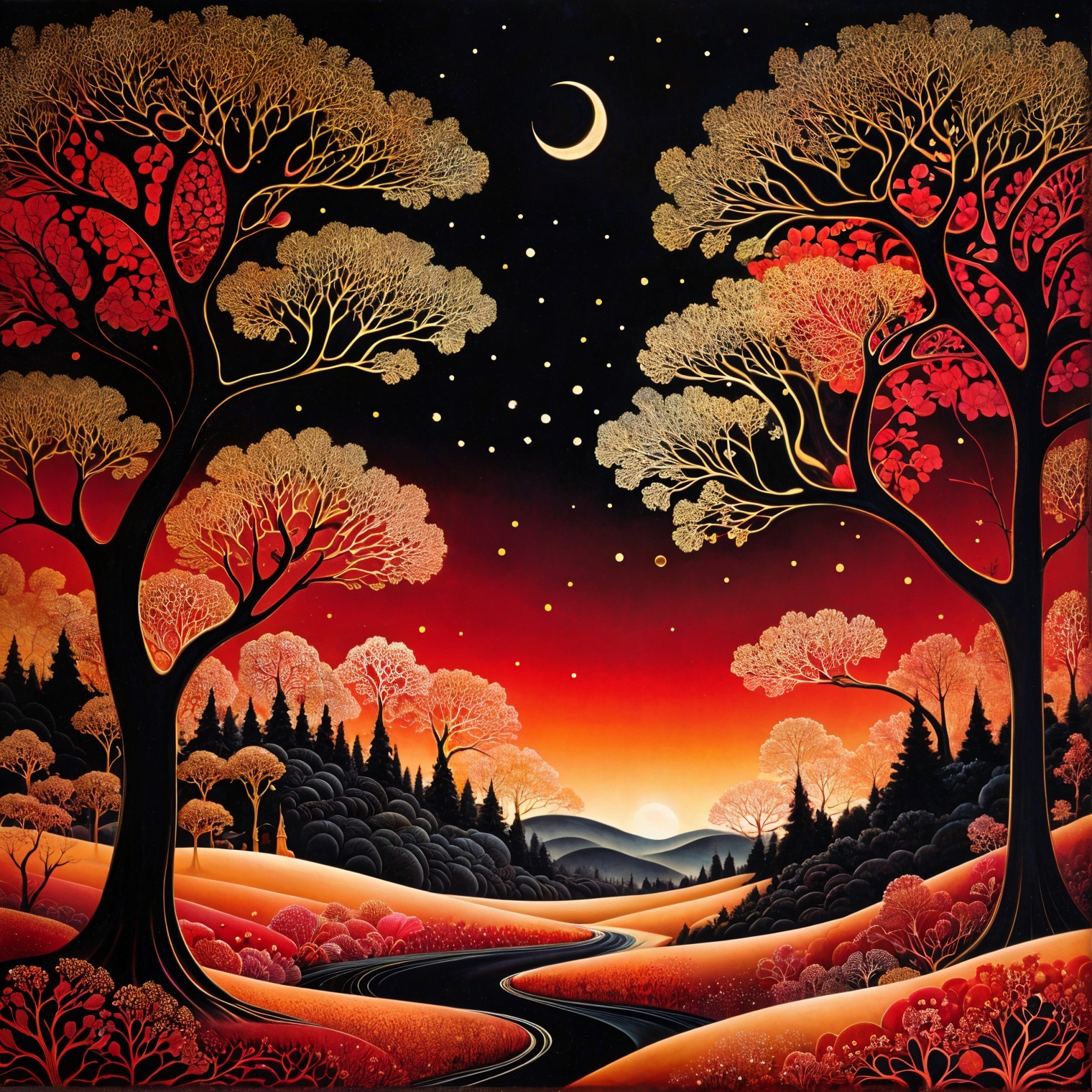 Serene Dusk Landscape with Golden Trees and River