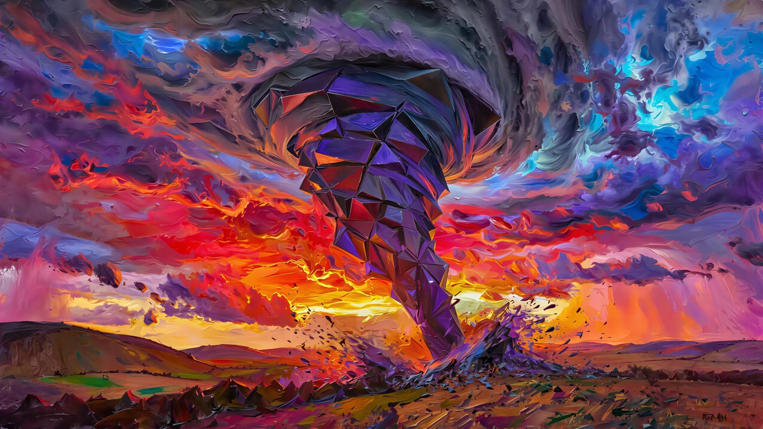 Abstract Landscape with Dark Purple Tornado at Sunset