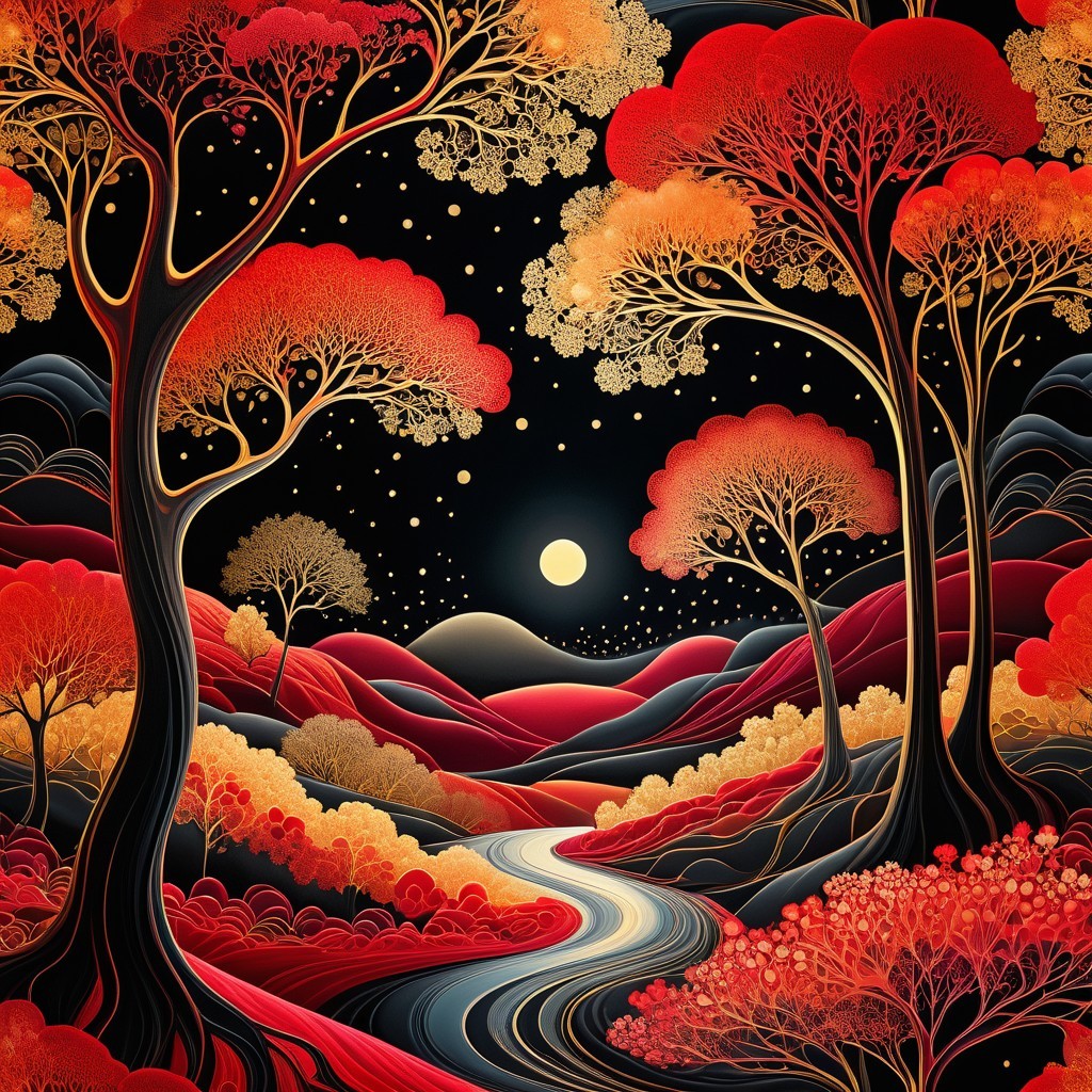 Vibrant Autumn Landscape with Moonlit River and Hills