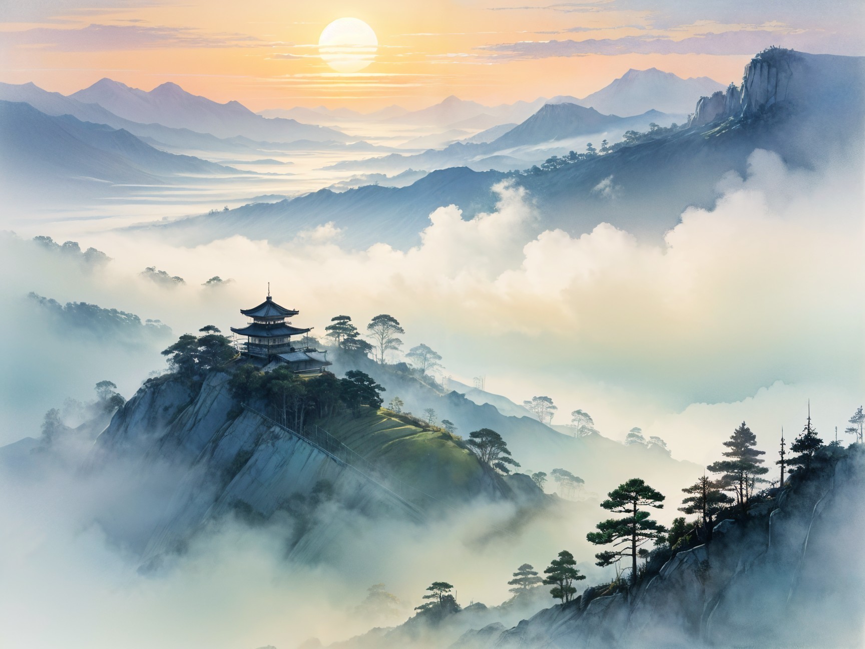 Serene Landscape with Mountains and Pagoda at Sunrise