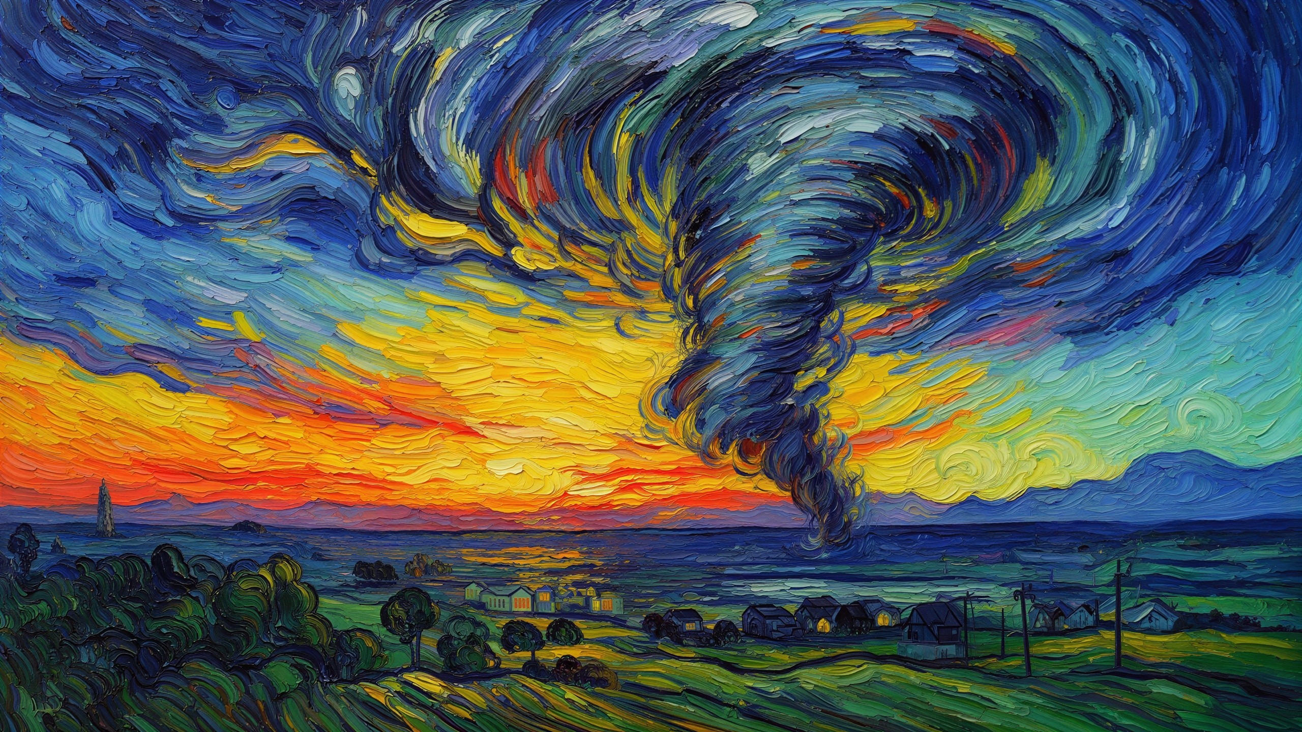 Tornado Over Vibrant Landscape in Impasto Style