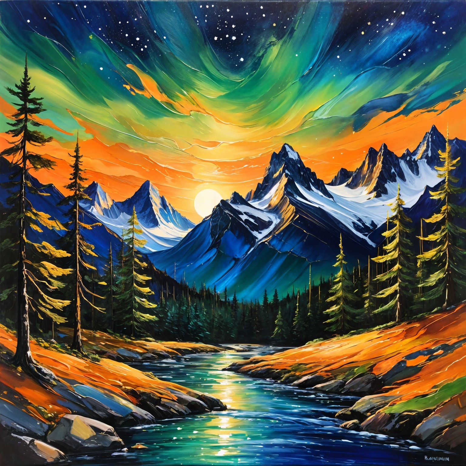 Vibrant Landscape with Mountains and Aurora Colors