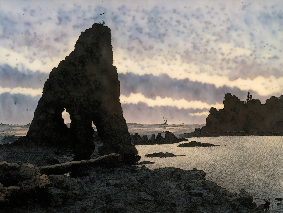 Serene Coastal Landscape at Twilight with Rock Formation