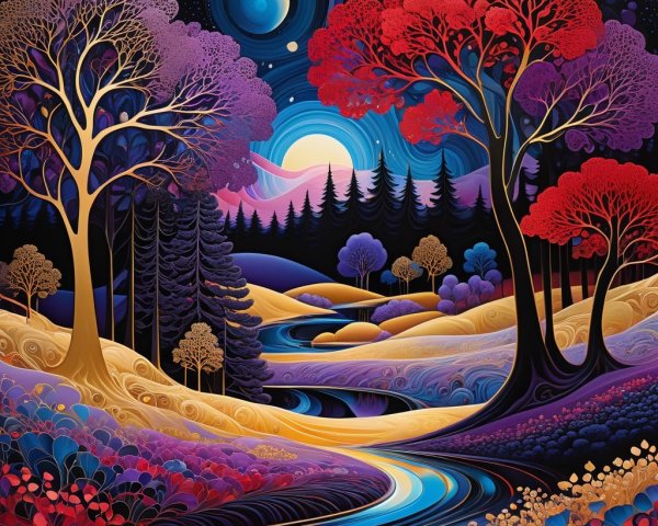 Vibrant landscape with colorful trees and starry sky
