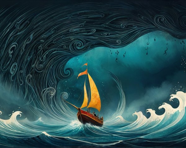 Lone Sailboat with Orange Sails in Stormy Sea Scene