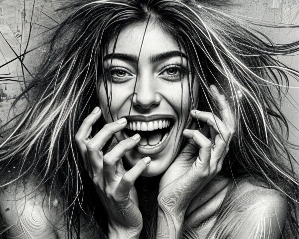 Black-and-white portrait of a joyful young woman