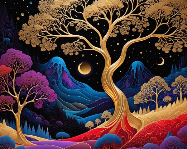 Vibrant Dreamlike Landscape with Golden Tree and Night Sky