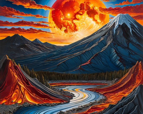 Dramatic Sunset Landscape with Lava and Mountain Peaks
