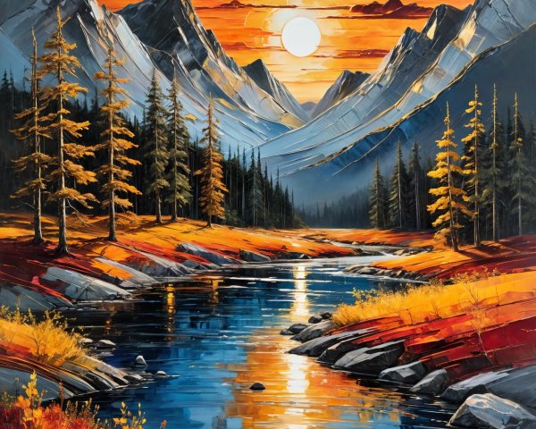 Vibrant Mountain Landscape with Sunset and River