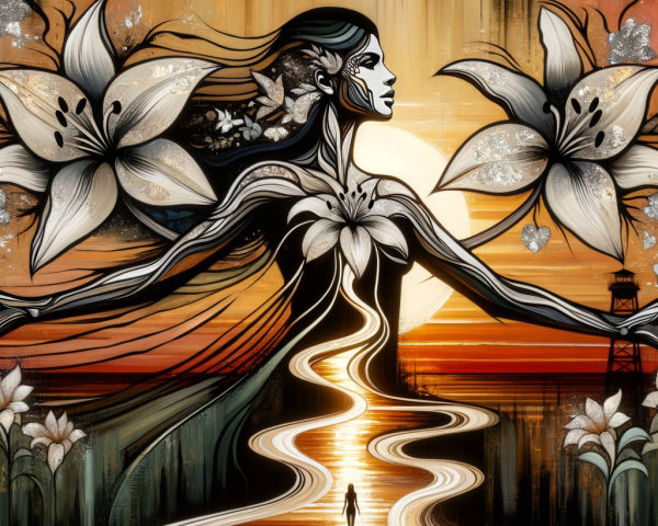 Silhouette of Woman Amid Vibrant Lilies and Sunset