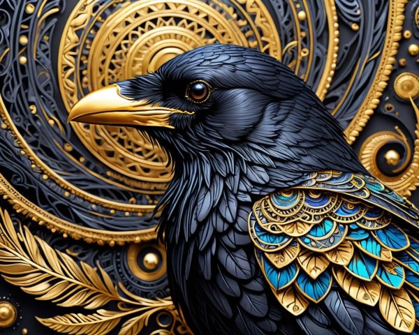 Stylized Black Raven with Golden Accents and Rich Background
