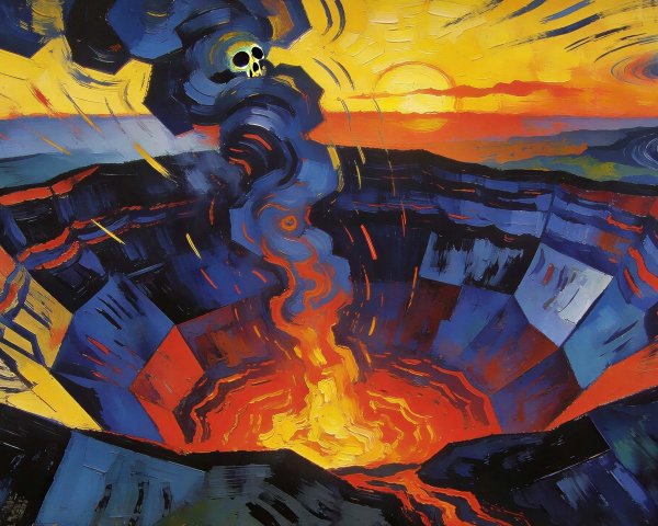 Abstract Cubist Landscape Featuring Volcano Crater