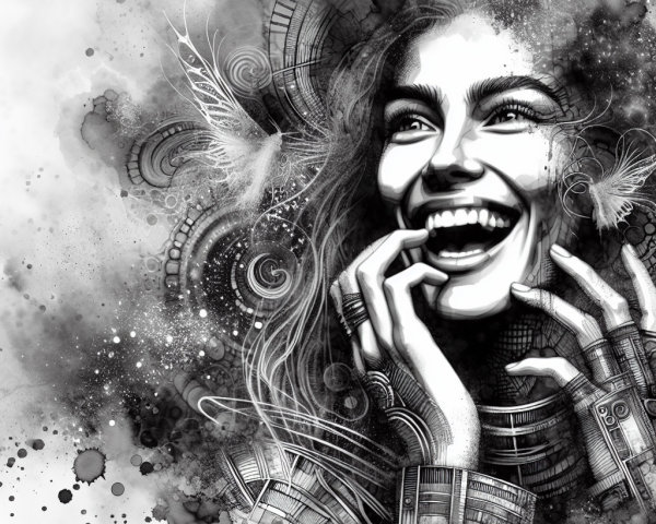 Black and white illustration of a joyful woman
