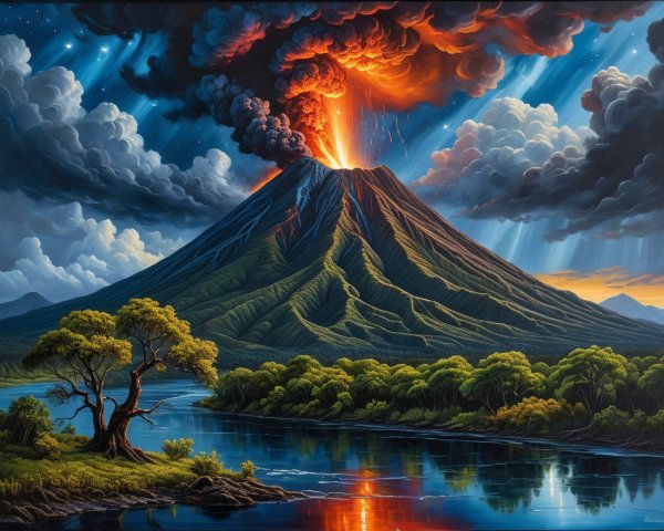 Dramatic Volcanic Eruption with Lush Landscape and Sky
