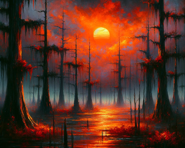Surreal Landscape with Cypress Trees and Sunset Reflections