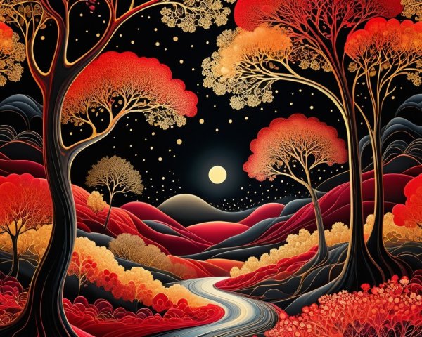 Vibrant Autumn Landscape with Moonlit River and Hills