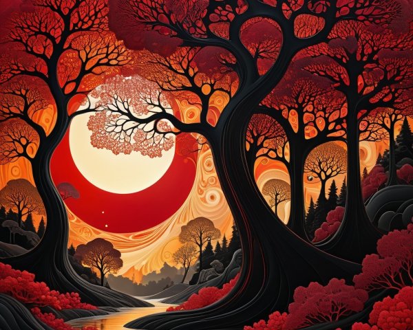 Vibrant Landscape with Red Trees and Sunset River