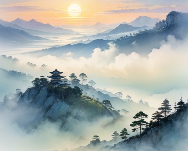 Serene Landscape with Mountains and Pagoda at Sunrise