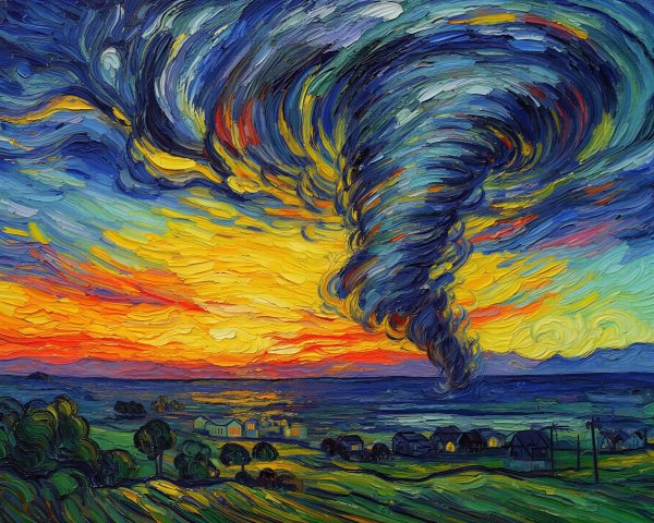 Tornado Over Vibrant Landscape in Impasto Style