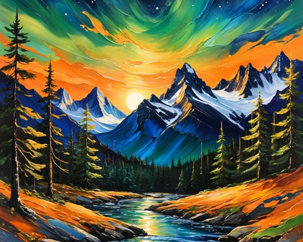 Vibrant Landscape with Mountains and Aurora Colors